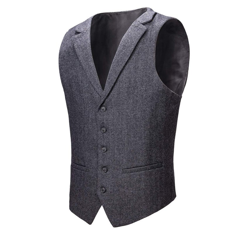 VOBOOM Mens Herringbone Tailored Collar Waistcoat Fullback Wool Tweed Suit Vest (Dark Grey, 3X-Large) - Image 1